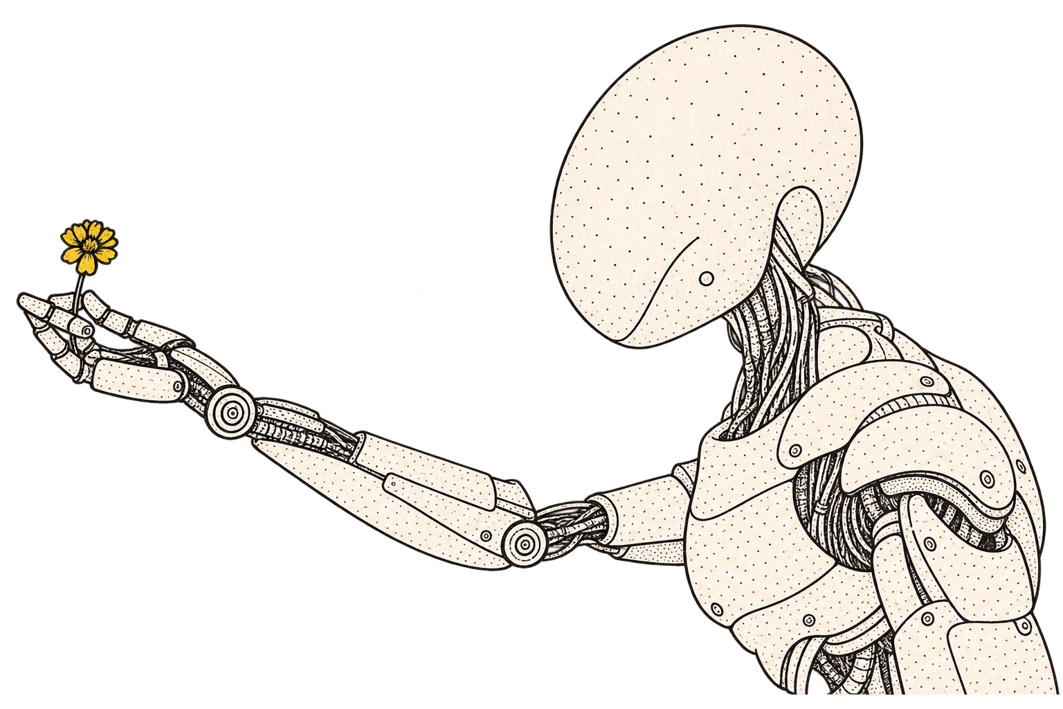 A stippled mechanical figure holds a small yellow flower in its outstretched hand.